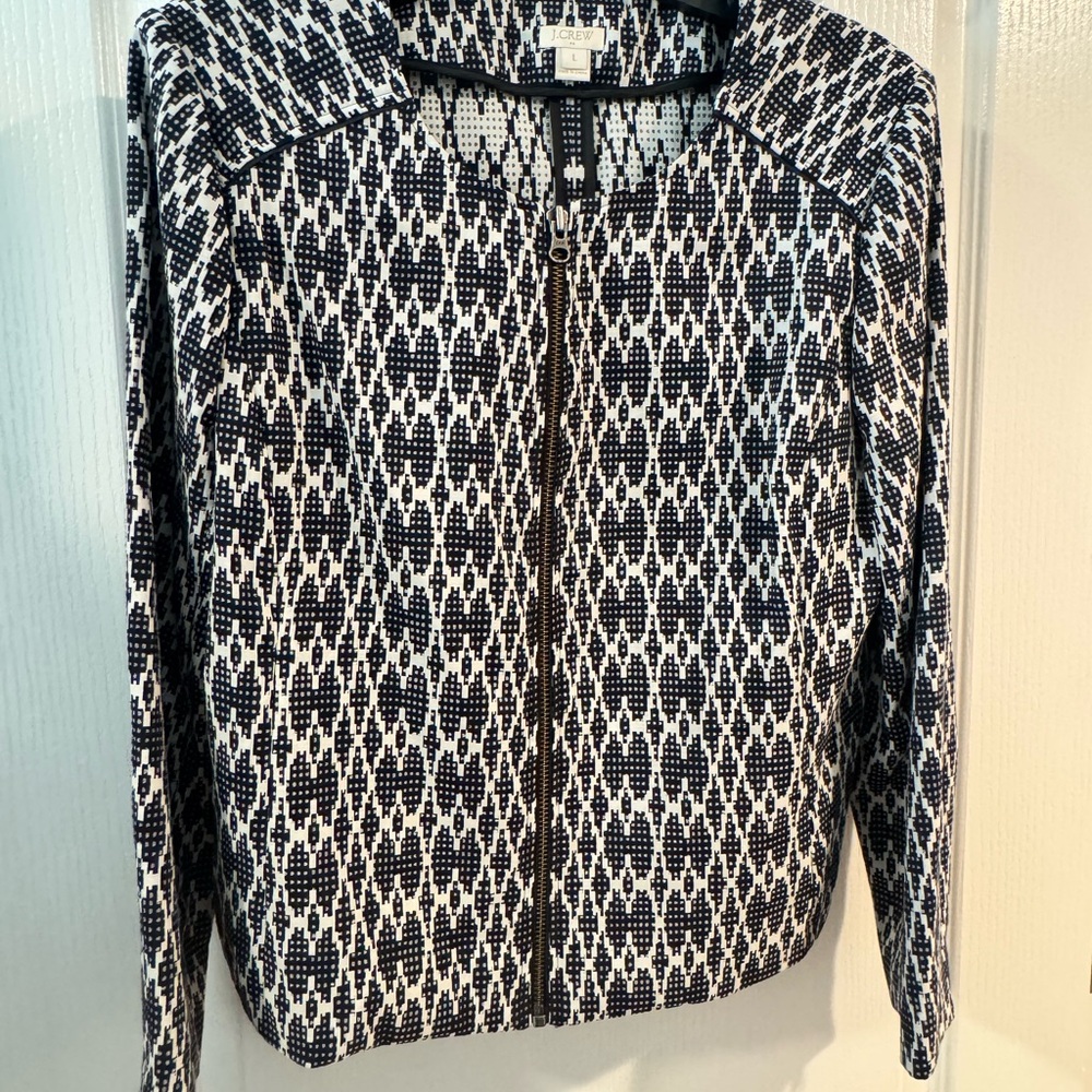 J. Crew Black, Blue and White Geometric Zip Up Jacket
